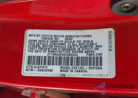 2003 Toyota Matrix Standard z USA, uszkodzony, nr VIN 2T1KR32E63C086224